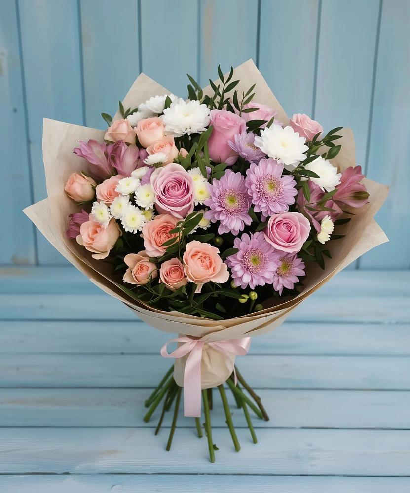 Букет цветов из: Хризантемы, Розы и Альстромерии в Сафоново Мурманской области