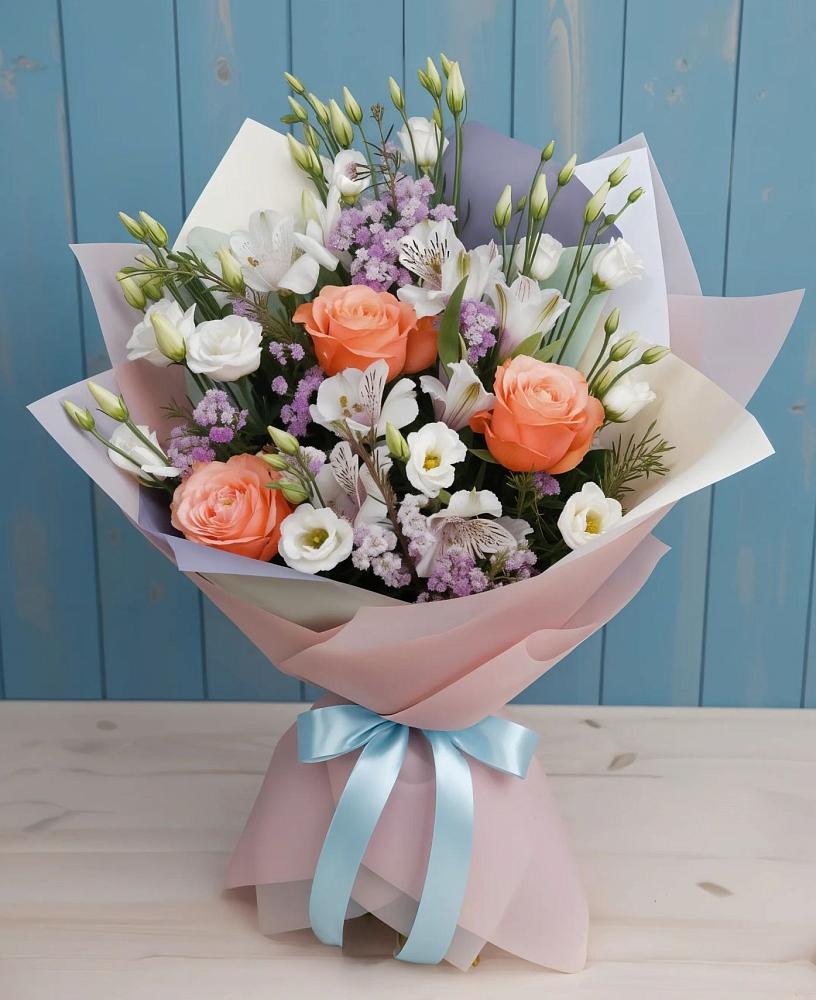 Букет цветов из: Лизиантусы, Розы, Альстромерии и Гипсофила в Сафоново Мурманской области