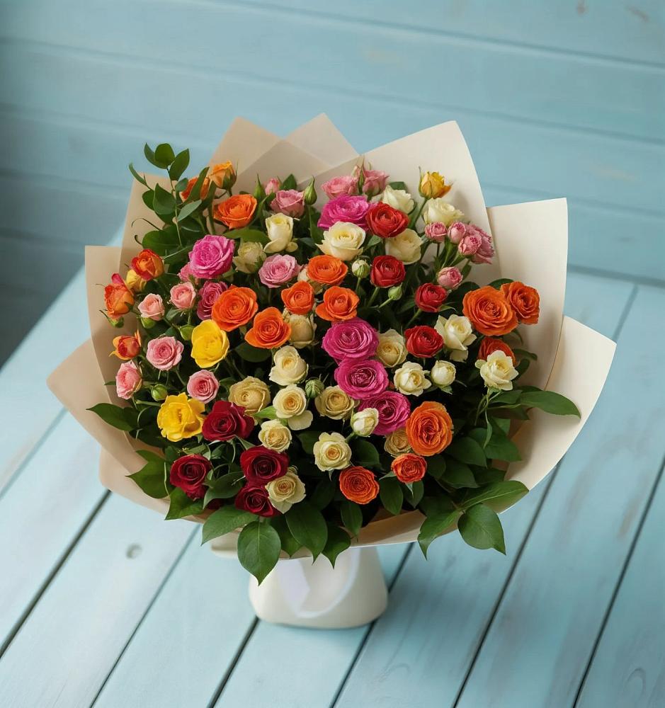Букет Микс из разноцветных кустовых роз в Сафоново Мурманской области