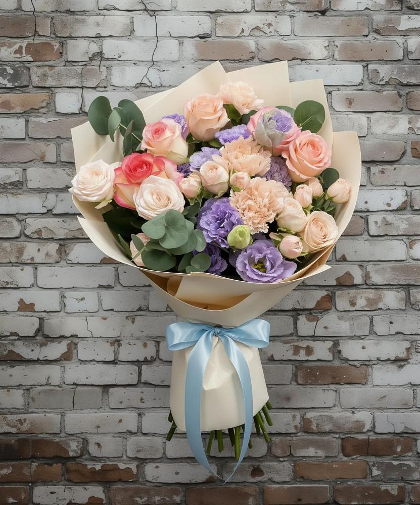 Букет цветов из: Розы, Лизиантусы и Гвоздики в Сафоново Мурманской области