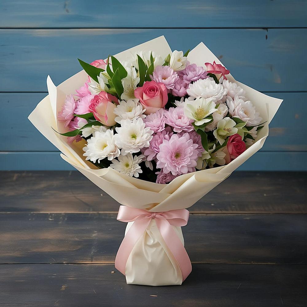 Букет цветов из: Хризантемы, Альстромерии и Розы в Сафоново Мурманской области